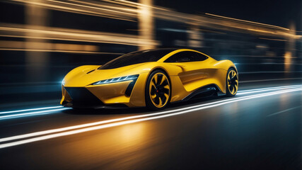 A yellow sports car races through the night, showcasing speed and modern design.