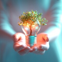 A person holding a glowing light bulb with a small tree growing inside, symbolizing hope, growth, and sustainability, minimalistic style