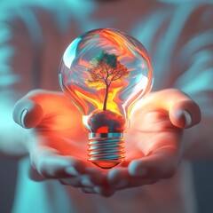 A person holding a glowing light bulb with a small tree growing inside, symbolizing hope, growth, and sustainability, minimalistic style