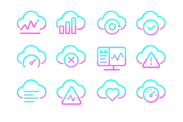 Fototapeta premium Neon cloud icons: performance, security, analytics, heart, weather, warning