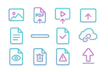 Neon icons of file management and uploading on digital background