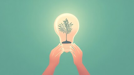 A person holding a glowing light bulb with a small tree growing inside, symbolizing hope, growth, and sustainability, minimalistic style