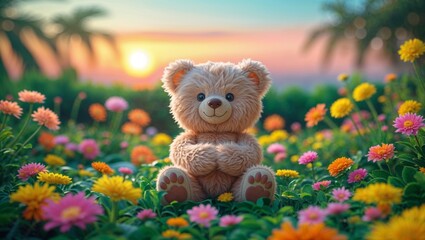 Fototapeta premium A cuddly teddy bear enjoys a beautiful sunset amidst colorful flowers in a field.