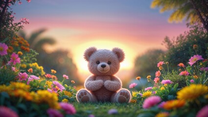 Fototapeta premium A teddy bear enjoys a beautiful sunset in a field of colorful flowers.