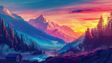 Mountain landscape illustration with scenic nature view