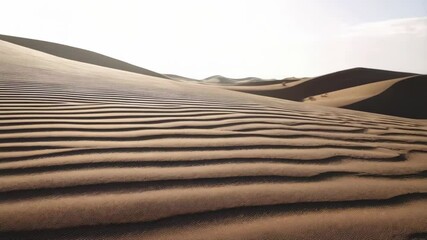Sweeping sand dunes creating textures and patterns under a soft sky, showcasing the abstract beauty of the arid desert landscape. - Powered by Adobe