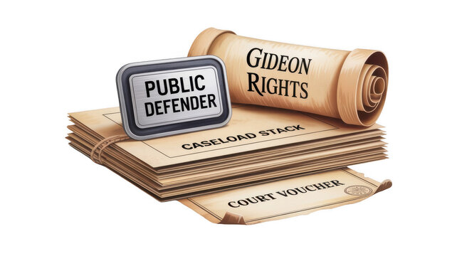 Caseload stack, gideon rights, court voucher, and public defender badge symbolizing legal aid and access to justice with transparent background