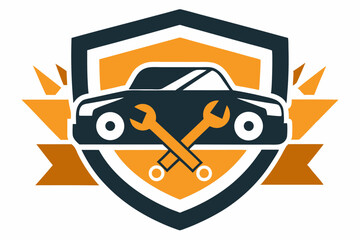 Auto Repair Emblem: A sleek and modern emblem depicting a car alongside crossed wrenches, symbolizing expertise and reliability in the automotive service sector.