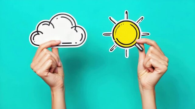 Hands holding cartoon-style cloud and sun icons on blue background, weather forecast concept, seasonal change, climate illustration, sunny and cloudy symbols