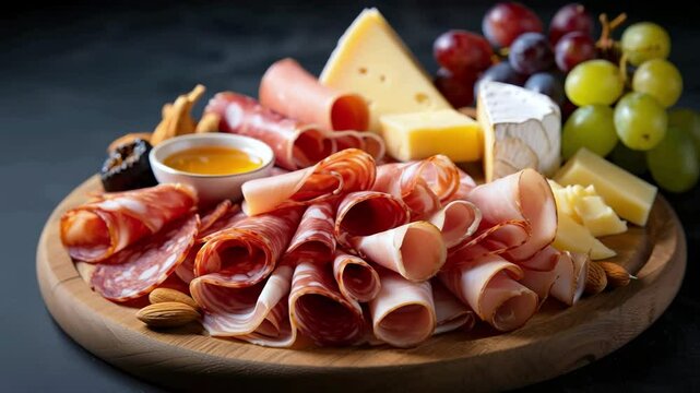 Charcuterie board with sliced cured meats, cheese assortment, grapes and honey, gourmet appetizer platter, rustic food styling, catering presentation