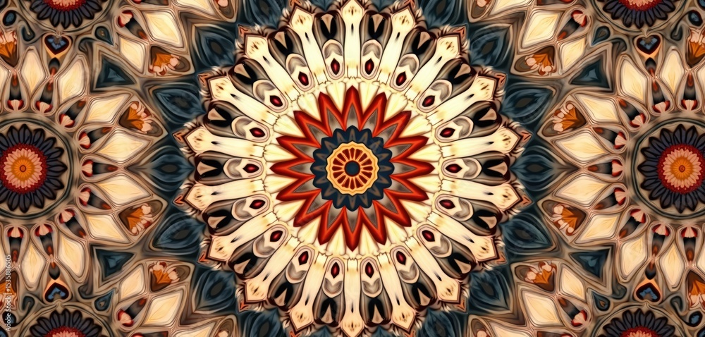 Poster seamless pattern of kaleidoscopic shapes. abstract design with star, floral elements. colorful backg
