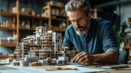 Architect At Virtual Workstation Designing Premium Highrise Using Concrete Modelling and Performance Inspection Tools for a Sustainable Urban Impact Concept