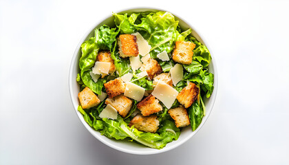 Fresh creamy Caesar salad with romaine lettuce, parmesan shavings and garlic croutons. Classic salad with traditional dressing, basil leaves