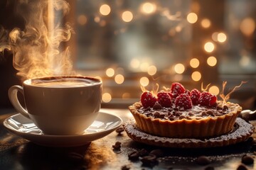 Warm coffee and a delicious pastry sit on a wooden table, illuminated by soft sunlight, inviting a cozy afternoon break in a serene setting
