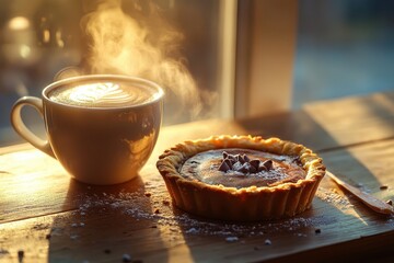 Warm coffee and a delicious pastry sit on a wooden table, illuminated by soft sunlight, inviting a cozy afternoon break in a serene setting