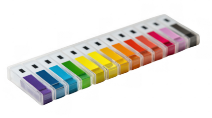 Multiple rapid diagnostic test strips showing a range of vibrant colors are neatly arranged in a row, isolated on a transparent background, ready for use in medical or scientific applications