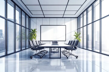 Modern conference room with glass walls, empty table, and city views during daytime in a high-rise building