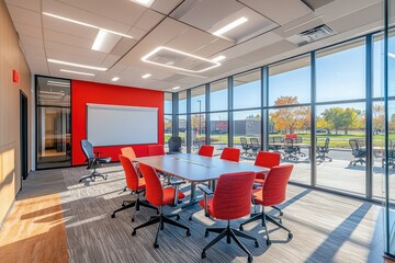 Modern conference room with glass walls, empty table, and city views during daytime in a high-rise building
