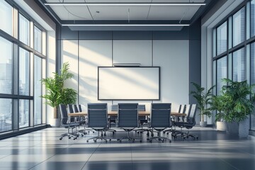 Modern conference room with glass walls, empty table, and city views during daytime in a high-rise building