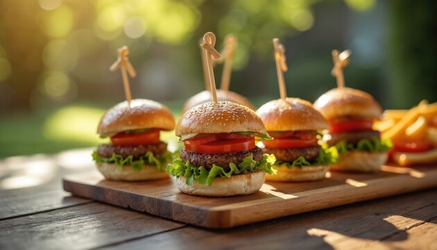 Delicious mini-burgers with fresh ingredients, served on wooden board. Appetizing sliders, fresh tomatoes, lettuce. Outdoor dining, summer party, picnic. Tasty fast food with french fries on wooden - Powered by Adobe