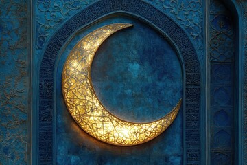 Crescent moon decoration on a blue building at dusk, illuminated against a cloudy sky in a cultural setting
