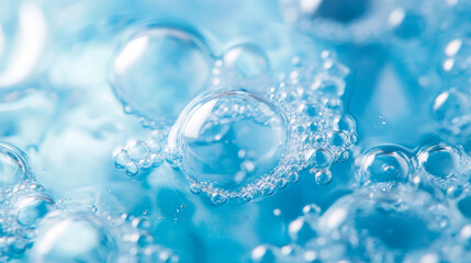 Close-up of glycerin-based blue gel with suspended bubbles, illustrating skincare serum or toner texture in macro detail