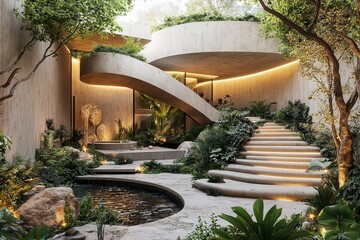 Modern landscape design featuring a serene garden with illuminated steps and a water feature surrounded by lush greenery