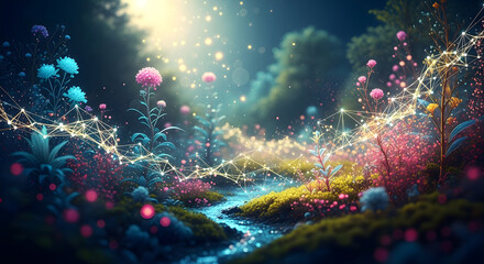 Fototapeta premium Enchanted Forest Illustration Magical River, Flowers, and Glowing Particles - Fantasy Art, Nature, Dreamscape.