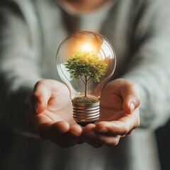 A person holding a glowing light bulb with a small tree growing inside, symbolizing hope, growth, and sustainability, minimalistic style