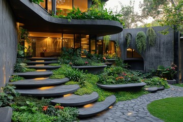 Modern landscape design featuring a serene garden with illuminated steps and a water feature surrounded by lush greenery
