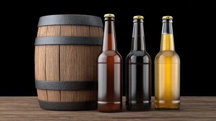Craft beer barrel local concept. Three bottles of beer beside a wooden barrel on a rustic table.