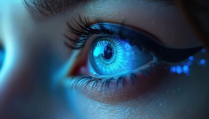 Fototapeta premium Close-up human eye with blue eyeliner, futuristic blue glow effect. Beauty, health, skincare, vision concept, cosmetics, optometry. Eye health supplement advertisement.