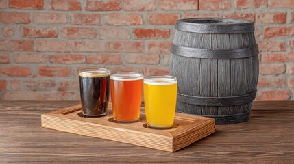 Craft beer barrel local concept. Three beer glasses on a wooden flight with a barrel against a brick wall backdrop.