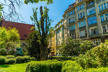 A view across a park in the Jewish quarter of Prague in springtime