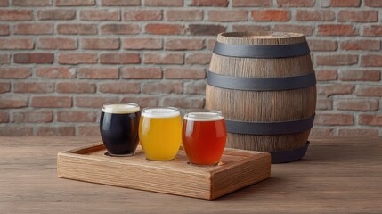 Craft beer barrel local concept. Three craft beers in glasses on a wooden tray beside a barrel against a rustic brick wall.