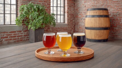 Craft beer barrel local concept. Craft beer selection on a wooden tray in a rustic brewery setting with a barrel in the background.