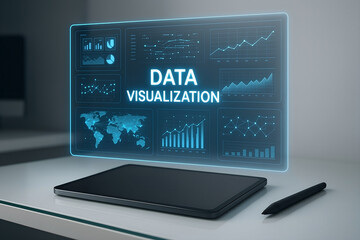 Futuristic data visualization display projected above tablet on a modern workspace concept for business analytics and technology solutions