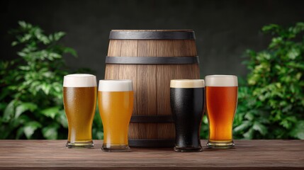 Craft beer barrel local concept. Four glasses of beer in front of a wooden barrel, surrounded by greenery.