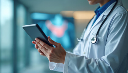 Doctor holding tablet with medical visualization. Doctor use digital device, consult patient, diagnose disease in clinic, hospital. Modern healthcare technology, medicine, treatment, medical data,