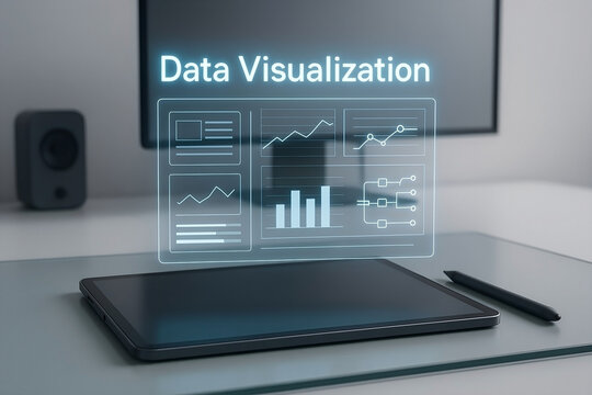 Modern data visualization concept showing holographic charts and graphs above a tablet on a desk depicting business analytics and analysis.