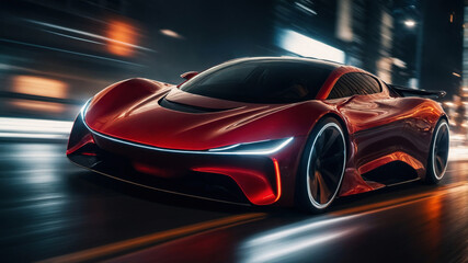 Fototapeta premium A red futuristic sports car speeds through a glowing cityscape at night, showcasing its sleek design.