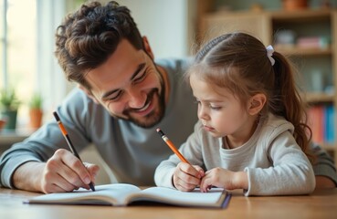 Smiling dad helps little daughter write in notebook at home. Father assists kid girl with school homework project. Together they study read, learning together, education concept.