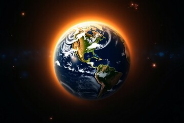 Fototapeta premium Earth surrounded by a glowing orange halo, showcasing a stunning view of the planet from space, emphasizing the beauty of our world in a cosmic setting