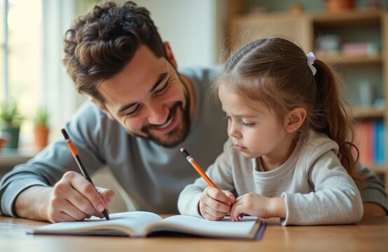 Smiling dad helps little daughter write in notebook at home. Father assists kid girl with school homework project. Together they study read, learning together, education concept.