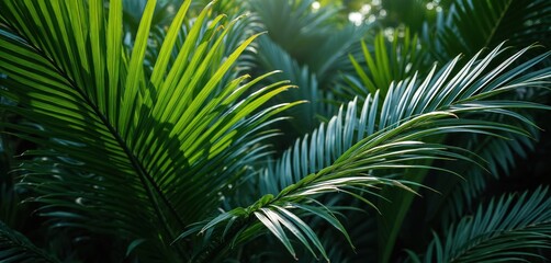 Close-up of lush green palm leaves in tropical garden. Dark green palm leaf texture concept. Wallpaper design. Nature background, jungle, safari, vacation, spa, resort, recreation.