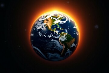 Earth surrounded by a glowing orange halo, showcasing a stunning view of the planet from space, emphasizing the beauty of our world in a cosmic setting 

