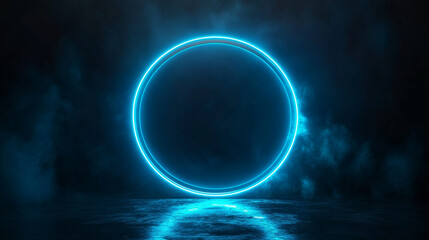 Futuristic neon-blue circular design on a dark backdrop resembling a mystical portal, suitable for branding mockups