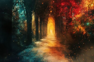 Enchanting forest path illuminated by colorful foliage and ethereal light during twilight hours