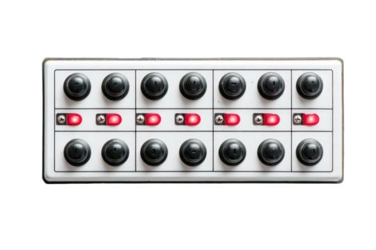 Detailed CloseUp of a Control Panel with Illuminated Switches and Dials.