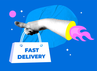 Fast delivery concept. Halftone rocket hand with delivery paper bag. Fast service. Online shopping. Hand holding package. Modern collage